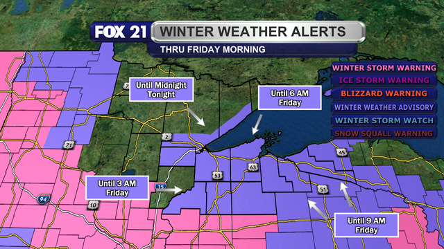 Winter weather alerts in effect across the Northland have been downgraded to a Winter Weather Advisory for Ashland, Bayfield, Burnett, Carlton, Douglas, Gogebic, Iron, southern Lake, Ontonagon, Sawyer, southern St. Louis, and Washburn counties.  They will expire no later than 9 a.m. Friday, December 20, 2024.