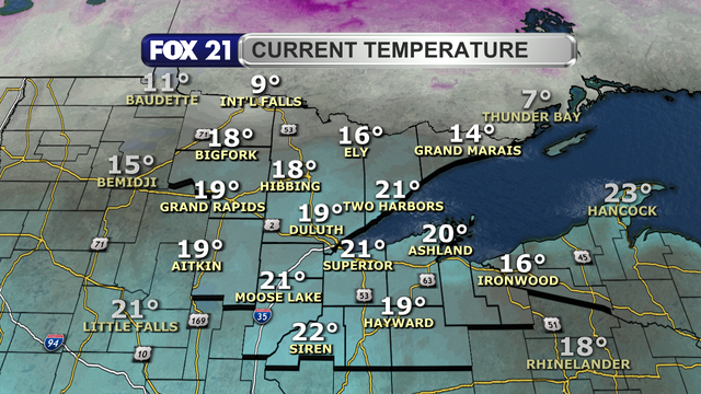 Temperatures in the Northland just after 1 p.m. on December 19, 2024, range from 9 to 22 degrees.