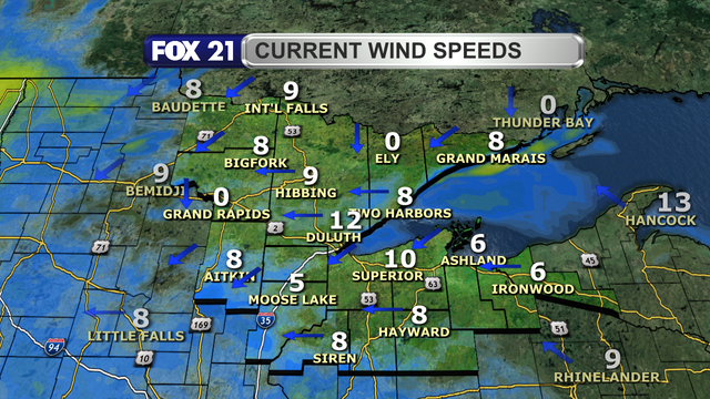 Wind speeds in the Northland just after 1 p.m. on December 19, 2024, range from calm to 12 mph.  Wind directions are primarily form the east and northeast.