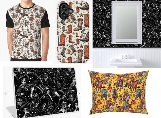 A collage showcasing Western-themed designs used across various products.

Top Left: A t-shirt featuring a detailed cowboy print in earthy tones, showcasing cowboy hats, horses, and starry motifs, with black sleeves complementing the muted pattern.
Top Center: A phone case adorned with colorful cowboy boots in shades of orange, brown, and teal, scattered with stars and rustic accents.
Top Right: A bathroom wall with striking black-and-white wallpaper depicting vintage Western scenes, cowboys, and horses, styled with a retro aesthetic.
Bottom Left: A laptop skin featuring the same monochromatic Western pattern, emphasizing the intricate illustrations of cowboys and starry backgrounds.
Bottom Right: A rectangular throw pillow with a lively yellow background and an array of cowboys, horses, cacti, and Western symbols in bold, warm tones, evoking a playful, rustic charm.
Each item highlights the versatility of the Western theme, blending nostalgia with modern style.