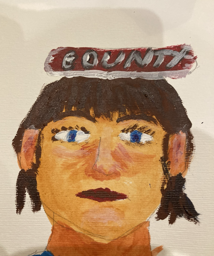 Painting of a head with a red and white chocolate bounty on top.