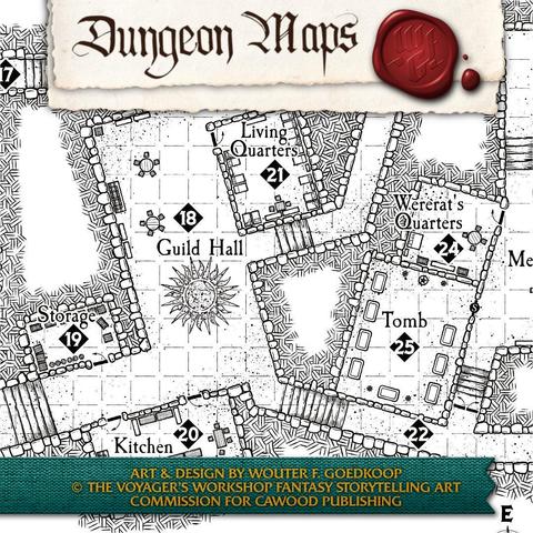 Dungeon maps with a classic inked look but filled with custom detailing. 
Absolutely no AI is ever used at any stage of creation. I support the right of humans (including myself) to control their artistic works.