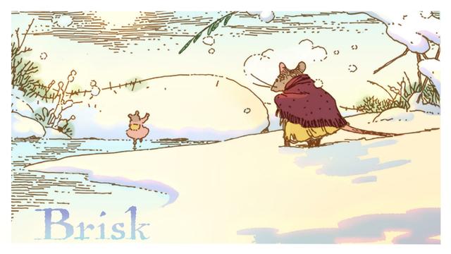 A quaint drawing with lovely watercolour accents of a small mouse standing on its hind legs in a shawl at the snowy shore of a frozen lake where another mouse in a dress skates. Overlaid Text: Brisk