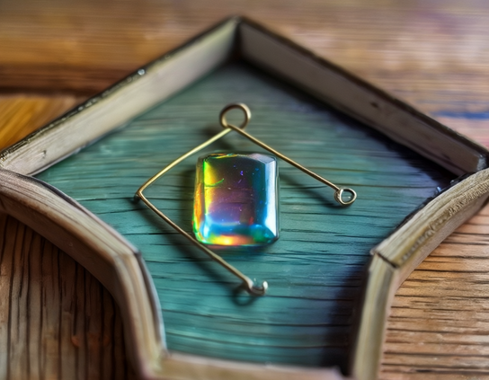 A close-up of a glowing, rainbow-hued glass charm displayed on a rustic blue wooden background, with minimalist gold wires that don't seem to fit with it.