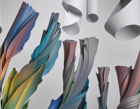 Surreal still life of wood-like feathery shapes in gradients of blue, green, and warm hues, with curved abstract paper shapes hanging overhead, against a neutral background.
