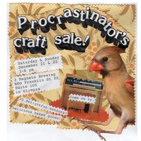 Community Print collage-style flyer with white boxed text on beige background with images of holly and a bird with outstretched claws hugging an upright piano