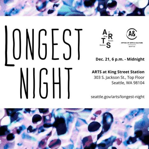 City of Seattle Arts at King Street Station flyer with black text on white background bordered on top and bottom with blue, black, lavender bubbly pattern