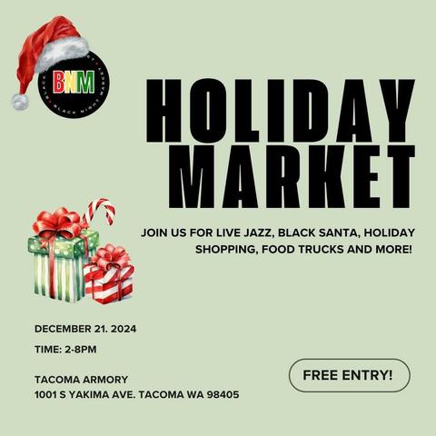 Black Night Market flyer with black text on pale green background with a Santa hat dropped on logo in upper left corner and below left graphics of a green and a red striped wrapped package with red/white candy cane