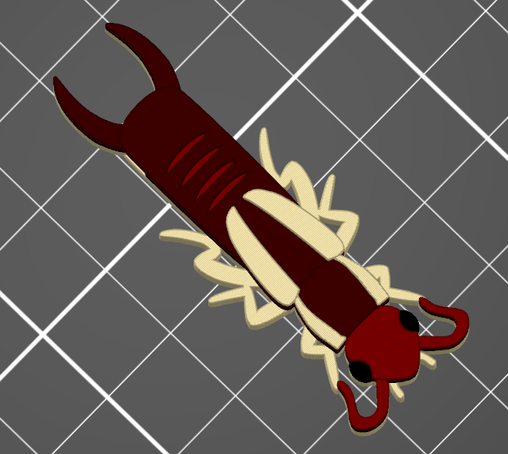 Screenshot of a 3d model of an earwig (a slender beetle with long pincers at the end of the abdomen). The earwig is mostly reddish brown, but has tan/yellowish legs and two yellowish striped down the outside edge of it's back.