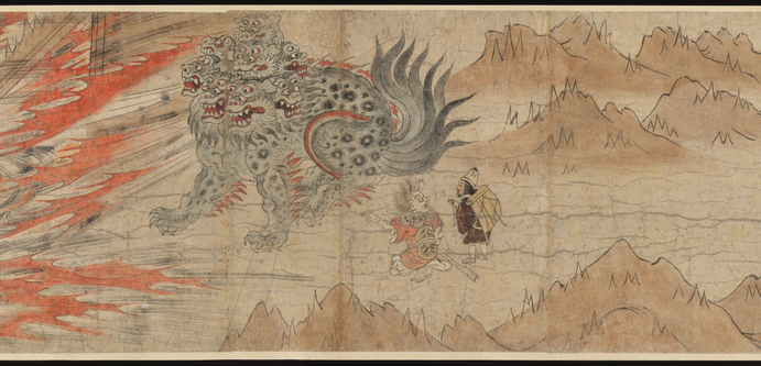 A Japanese scroll painting of the Kamakura period. In the center, an eight-headed blue dragon faces left, where a large explosion with gouting flames seems to be happening off-screen. By the dragon, two figures, one seemingly demonic, are watching. A landscape of mountains rises to their right.
