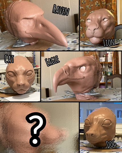 Clay sculptures of animal heads to be turned into fursuits: a raven (corvid),  eagle, dog (small canine), domestic cat, lion (large feline), and a mystery unrevealed sculpture.