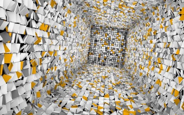 weird perspective, looking down into an abyss of yellow, grays, and white.