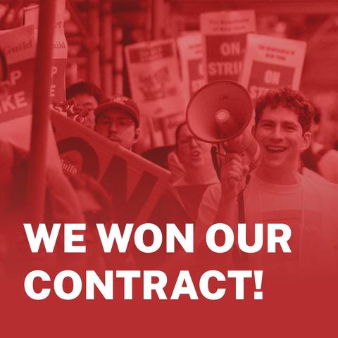 A stylized graphic with a narrowly cropped crowd shot of Times Tech Guild picketers outside The New York Times building in Midtown Manhattan. Multiple “On Strike” signs, noise-making rhythm instruments, and a person in a white shirt carrying a megaphone appear in the photo. A red overlay and bold, all-cap white text that reads “We won our contract!” are overlaid on top of the photo.