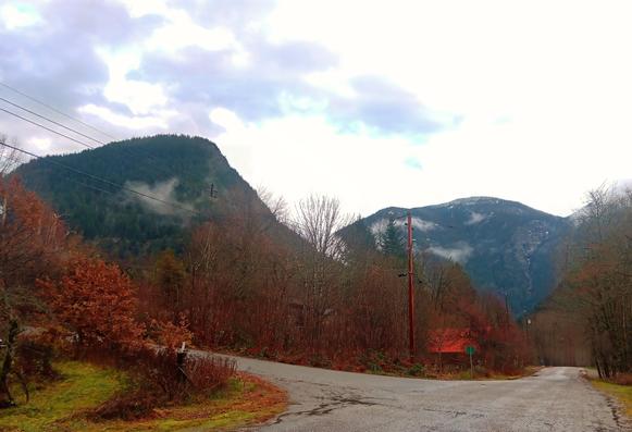 A winding rural road surrounded by a picturesque mountainous landscape. The scene features towering forested hills shrouded in light mist, with patches of snow visible near the peaks. The foreground showcases bare trees and autumn-colored foliage, with a grassy area on the left. A red-roofed building peeks through the trees, adding a splash of color. Wooden utility poles and power lines run along the road, blending into the tranquil, overcast setting. The cloudy sky and distant mountains evoke a serene, crisp atmosphere.