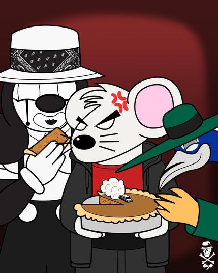 My characters Catalina the chola cat and Pedro the peacock taking slices of pumpkin pie from Mochi the mouse. When he was trying to make a meme with a diecast car with whip cream in the back as if were doing a burnout on the pie.