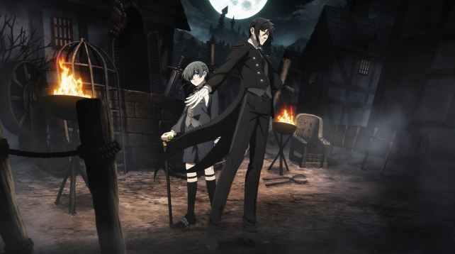 First key visual from the upcoming animated Green Witch Arc. Ciel Phantomhive and Sebastian Michaelis are standing in the center of a German village at nighttime. Sebastian is in front of Ciel with his arm held out to shield him from potential danger.