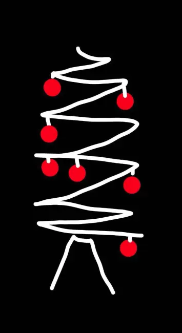 Stilisierter Weihnachtsbaum , weiß auf schwarz mit roten Kugeln
