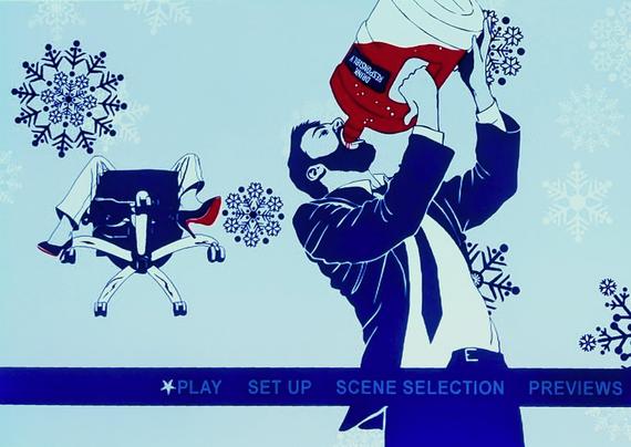 Illustration, mostly blue and white. A dude with a beard wearing a blue suit, chugging a big water jug full of bright red liquid. Behind him, an office chair with casters toppled over, wheels facing front, person in it, legs in the air. Office Party.