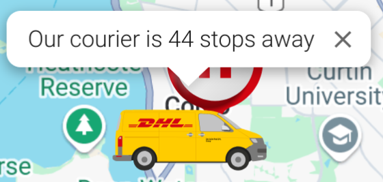 A map view of a DHL courier saying "Our courier is 44 stops away"