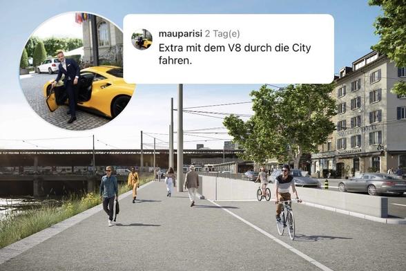 Instagram-Kommentar von Mauro Parisi zu einem SRF-Beitrag über die Eröffnung des Velotunnels am Hauptbahnhof Zürich: 
«Extra mit dem V8 durch die City fahren.» 
(V8-Motoren sind unter Autofreaks für ihre imposante Geräuschkulisse bekannt.)