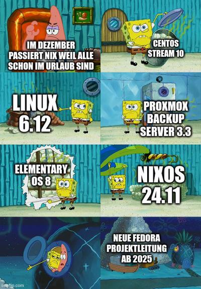 Variation des "Spongebob diapers"-Memes: Patrick sagt: "Im Dezember passiert nix weil alle schon im Urlaub sind". Spongebob zeigt draufhin genervt auf verschiedene Dinge in und außerhalb der Wohnung, die mit Themen der Episode beschriftet sind: CentOS Stream 10, Linux 6.12, Proxbox Backup Server 3.3, elementaryOS 8, NixOS 24.11 und neue Fedora Projektleitung ab 2025
