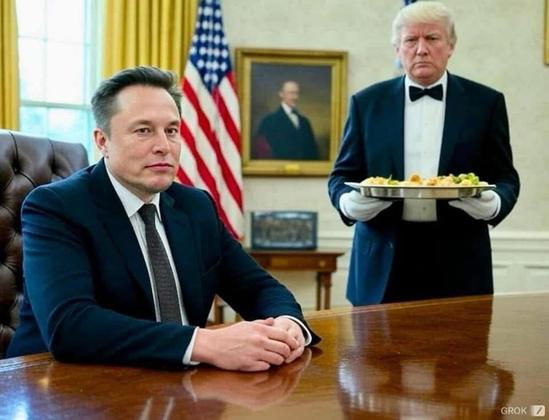 The image features Elon Musk sitting at a desk in an official setting, possibly the Oval Office, with a serious expression. Behind him, Donald Trump in formal attire holds a tray with food, also appearing serious. The background includes draped curtains and a flag of the USA.