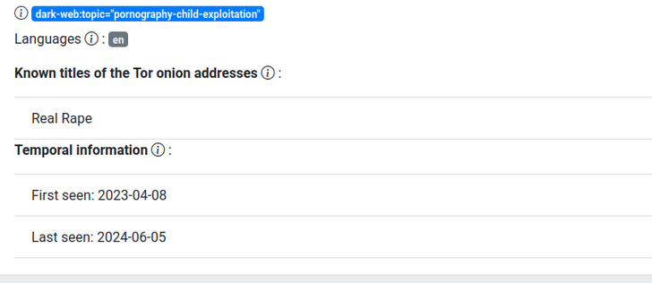 Onion lookup provides the classification and machine tags associated with the queried Tor onion address.