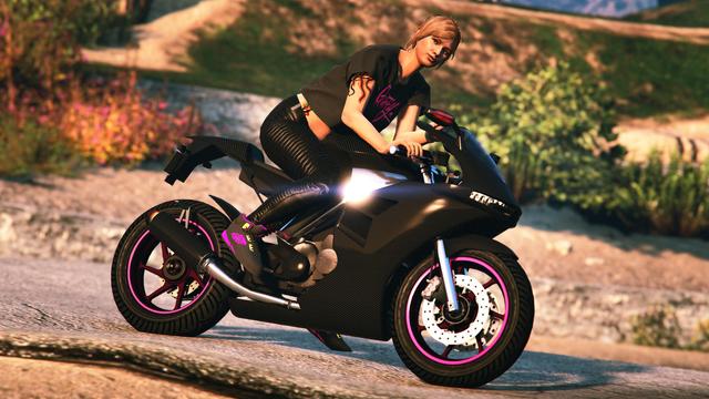 A screenshot I took in the video game GTA Online using the Rockstar Editor. It shows my second character (female) on a Nagasaki Carbon RS sport bike.