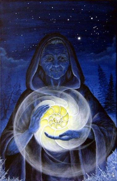 A benignant crone holding a shining spiral in her hands, standing in the deep heart of a winter night full of stars.