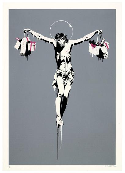 Screen print of Banksy’s artwork Christ with Shopping Bags, featuring Jesus on the cross set against a gray background. His arms hold shopping bags filled with holiday items such as wrapped gifts, candy canes, and Mickey Mouse ears. The piece contrasts symbols of consumerism with the sacred image of Christ.