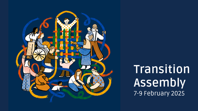 a drawing shows all sorts of people holding colourful strands of fabric, and together, working out how to weave them together. Text reads Transition Assembly 7-9 February 2025.