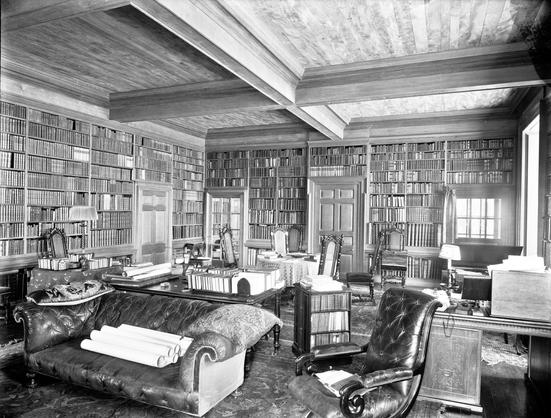 The library in Howth Castle, Co. Dublin. c1910s. The National Library of Ireland. No known copyright restrictions.