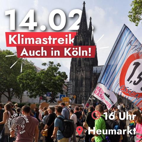 Hintergrundbild: Dom mit Klimaprotest im Vordergrund

Text:

14.02
Klimastreik auch in Köln

FridaysForFuture Köln
