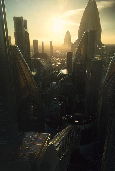 a 3d sci fi matte painting showing a futuristic city with translucent high rise buildings at sunset.