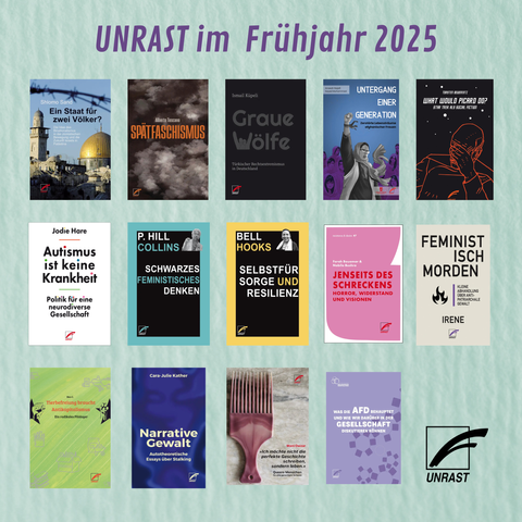 Das Bild zeigt die Buchcover von: „Ein Staat für zwei Völker?“, „Spätfaschismus“, „Graue Wölfe“, „Untergang einer Generation“, „What would Picard do?“, „Autismus ist keine Krankheit“, „Schwarzes Feministisches Denken“, „Selbstfürsorge und Resilienz“, „Jenseits des Schreckens“, „Feministisch M0rden“, „Tierbefreiung braucht Antikapitalismus“, „Narrative Gewalt“, „Ich möchte nicht die perfekte Geschichte schreiben, sondern leben“, „Was die AfD behauptet und wie wir darüber in der Gesellschaft diskutieren können“.
