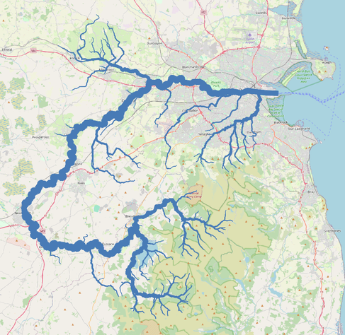 a map of dublin, ireland, with the river liffey and all it's tributaries mapped.