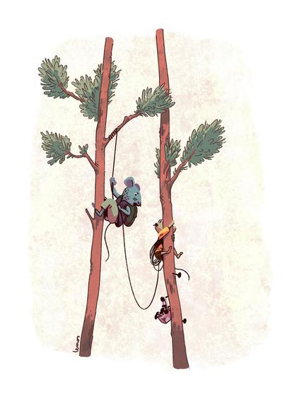 Illustration of two mice climbing trees