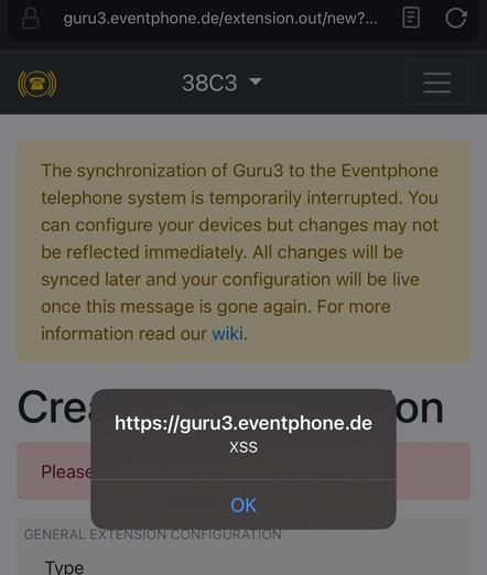 XSS alert message at guru3.eventphone.de