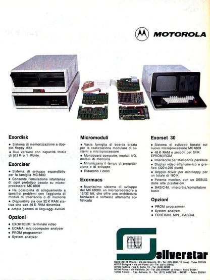 An advertisement for various Motorola products, specifically targeting microprocessor systems and development tools. It showcases different hardware components and systems, including the Exordisk, Exorciser, Micromoduli, Exormacs, and Exorset 30. Each product is accompanied by a brief description of its features and capabilities, highlighting their use in microprocessor development and system memory
