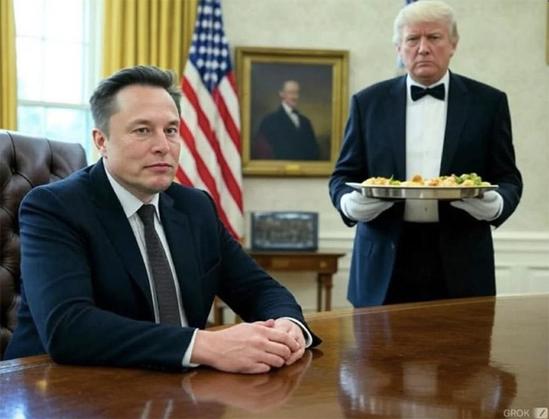 AI image of President Musk in Oval Office being served lunch by waiter Trump