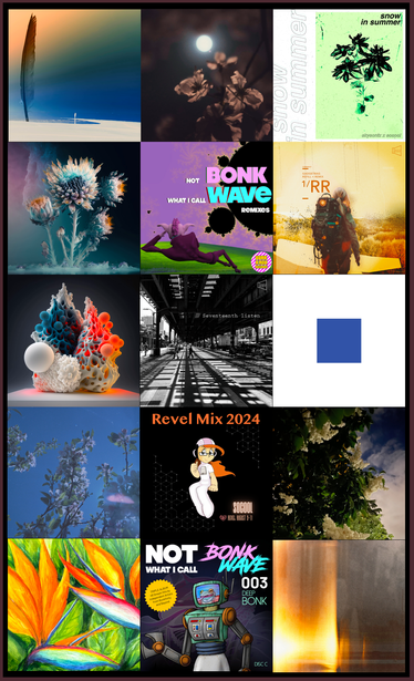 Grid of the covers of my various releases in chronological order with the cover of my Revel 2024 mixtape thrown in there to make in an even 15.