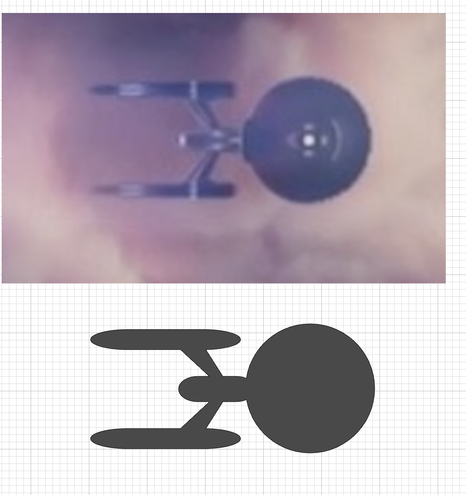 A cropped screenshot from Cricut Design Studio showing a still from the Star Trek: Strange New Worlds introduction (the top-down view of the Enterprise flying out of the cloudy nebula thing) and beneath it a set of shapes arranged into the Enterprise's silhouette, such that it can be cut out on a Cricut machine.