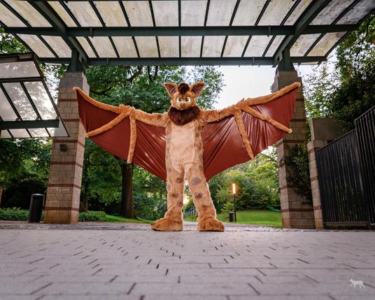Photo of Neop the bat (fursuit) with wings spread wide standing in the gateway to the Jaüanese garden in Hamburg. The background shows two stone pillars hilding a glass roof in front of green trees and bushes.
