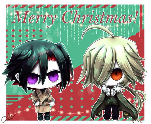 A chibi Fumus and Taffy stood in front of a red and green background that says Merry Christmas.