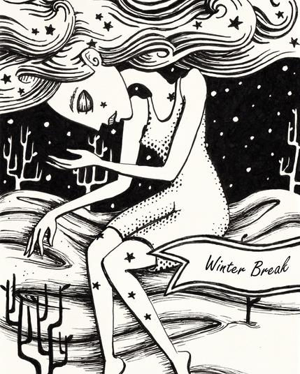 Inkpen illustration of a woman sleeping. Her hair makes up clouds snowing down onto the bedsheets/landscape she is sleeping on. Text reading "winter break"