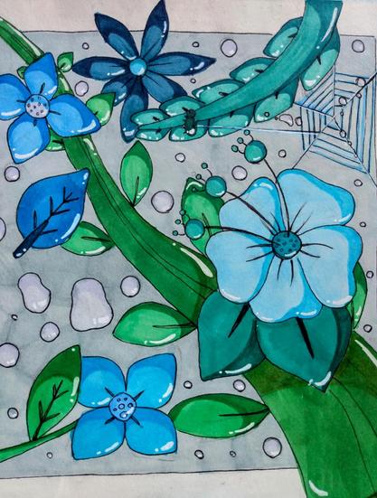 Flowers of different sizes and shapes in various shades of blue on a grey background. A wide green blade of grass with small leaves also runs across the sheet of paper. Drops of water and a spider's web can be seen.

Blumen verschiedener Größe und Form in verschiedenen Blautönen auf grauem Untergrund. Quer über das Blatt verläuft außerdem ein grüner breiter Grashalm mit kleinen Blättern. Wassertropfen und ein Spinnennetz sind zu sehen.