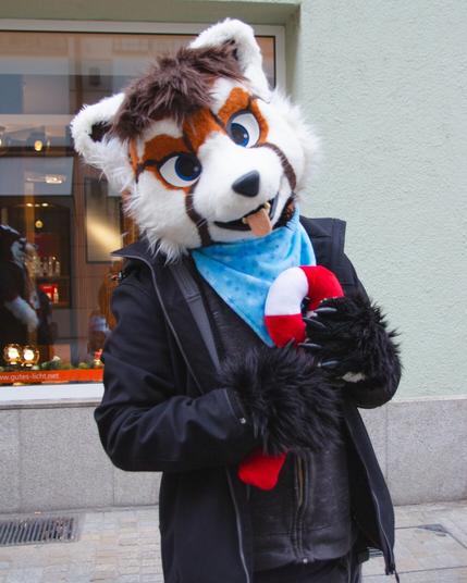 Me in a partial red panda fursuit, smiling at the camera and holding a plush candy cane