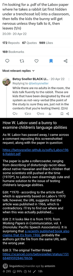 A discussion of linguist W. Labov's work from https://lemmy.dbzer0.com/post/33707306.