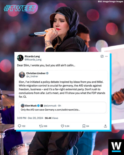 Ricarda Lang als Hip Hopperin mit Hoodie, Druko Tweet über Lindners tweet mit eminem Zitat "Dar Slim, I wrote you, but you still ain't calling"