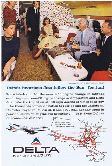 Glamorous first class passengers enjoy the onboard lounge while flying on a Delta Convair 880